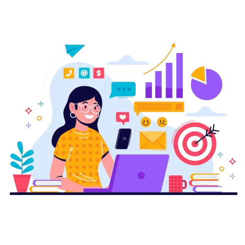 "Illustration of a woman working on a laptop surrounded by digital marketing icons such as social media logos, email, charts, target, growth graph, and messages, representing online marketing and productivity."